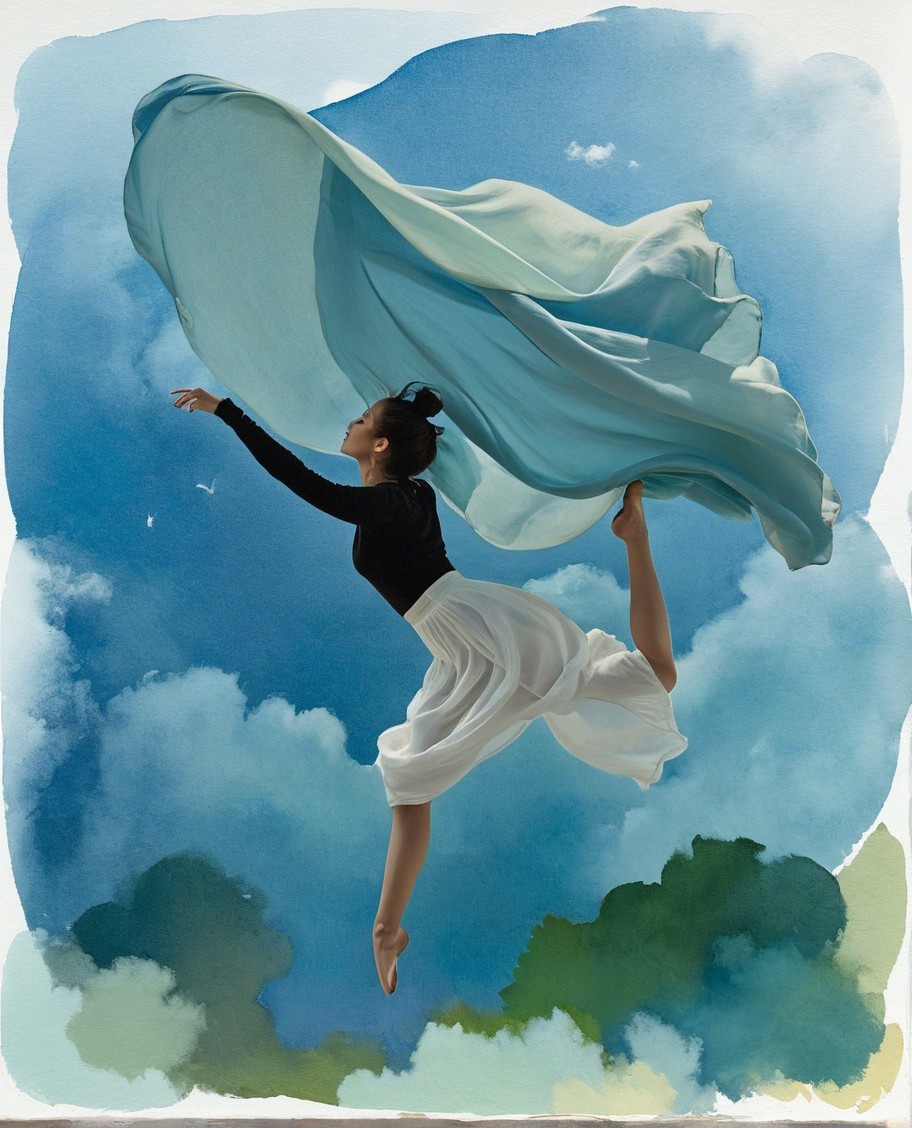 Dancer in Light Blue Fabric Against Serene Sky