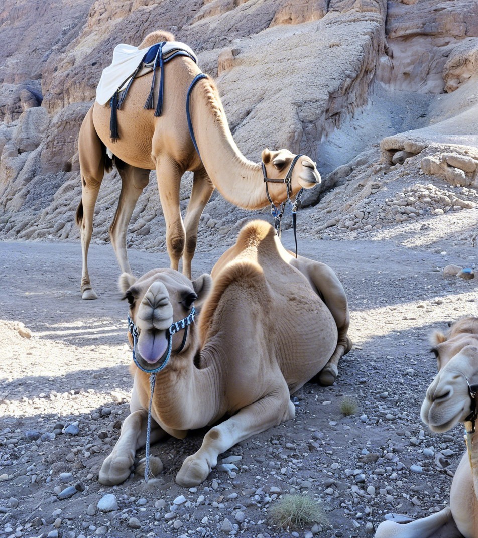 Camels Resting in a Rocky Desert Landscape