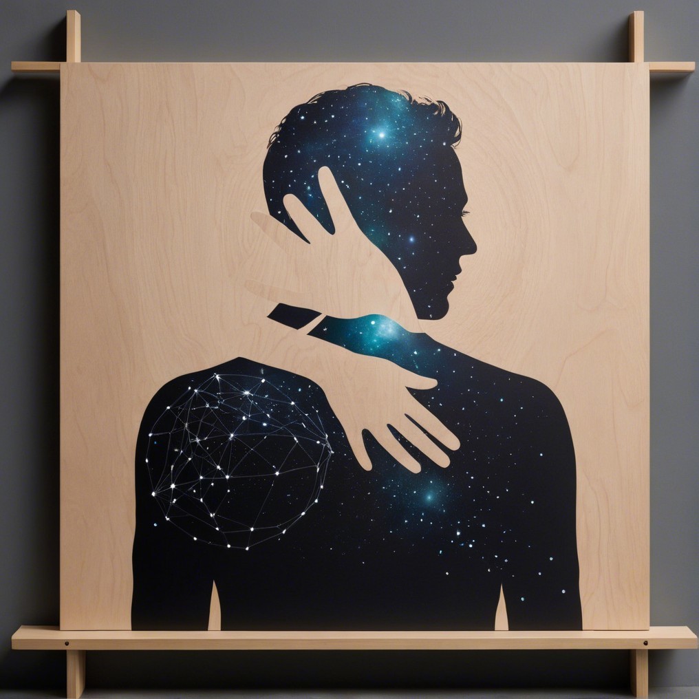 Silhouette with Cosmic Design and Wooden Backdrop