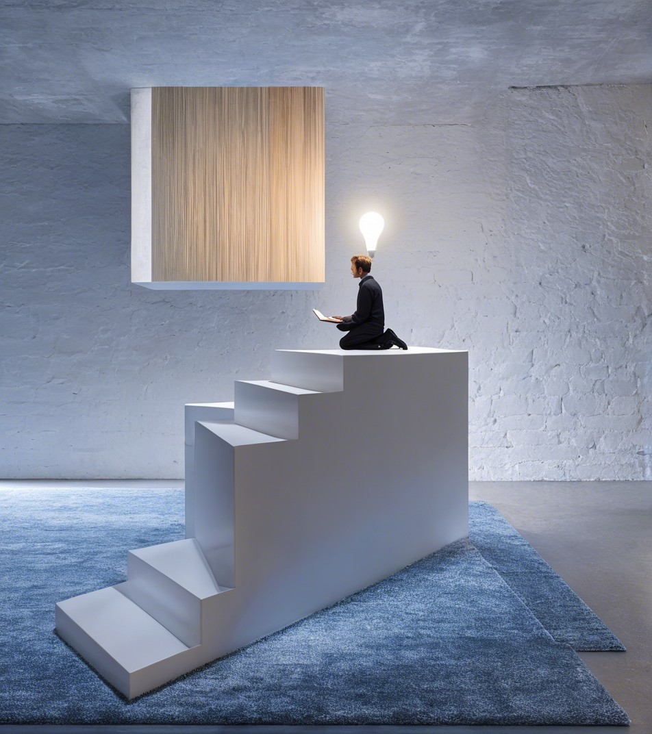 Minimalist Interior with Floating Light Cube and Rug