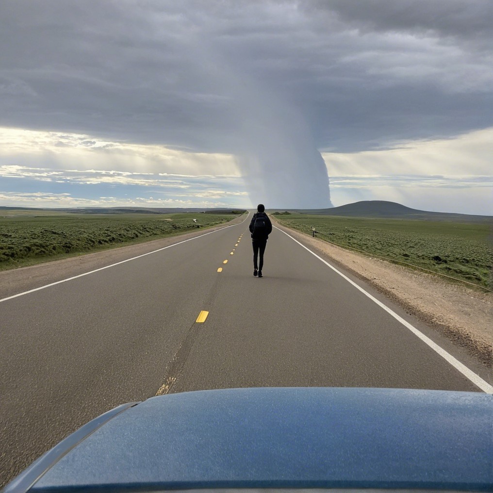 Lone Figure on Open Road Under Dramatic Sky