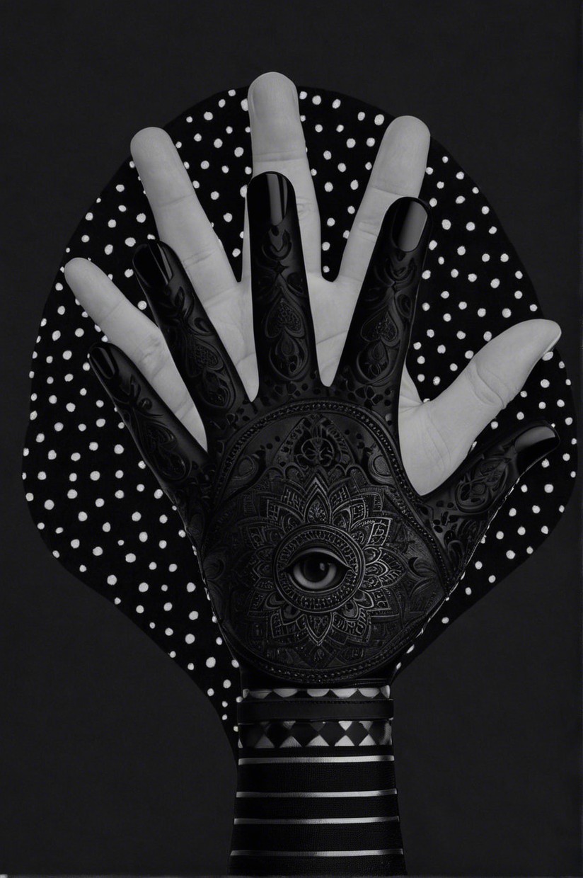 Contrast of Patterned Black and White Hands on Dark Background