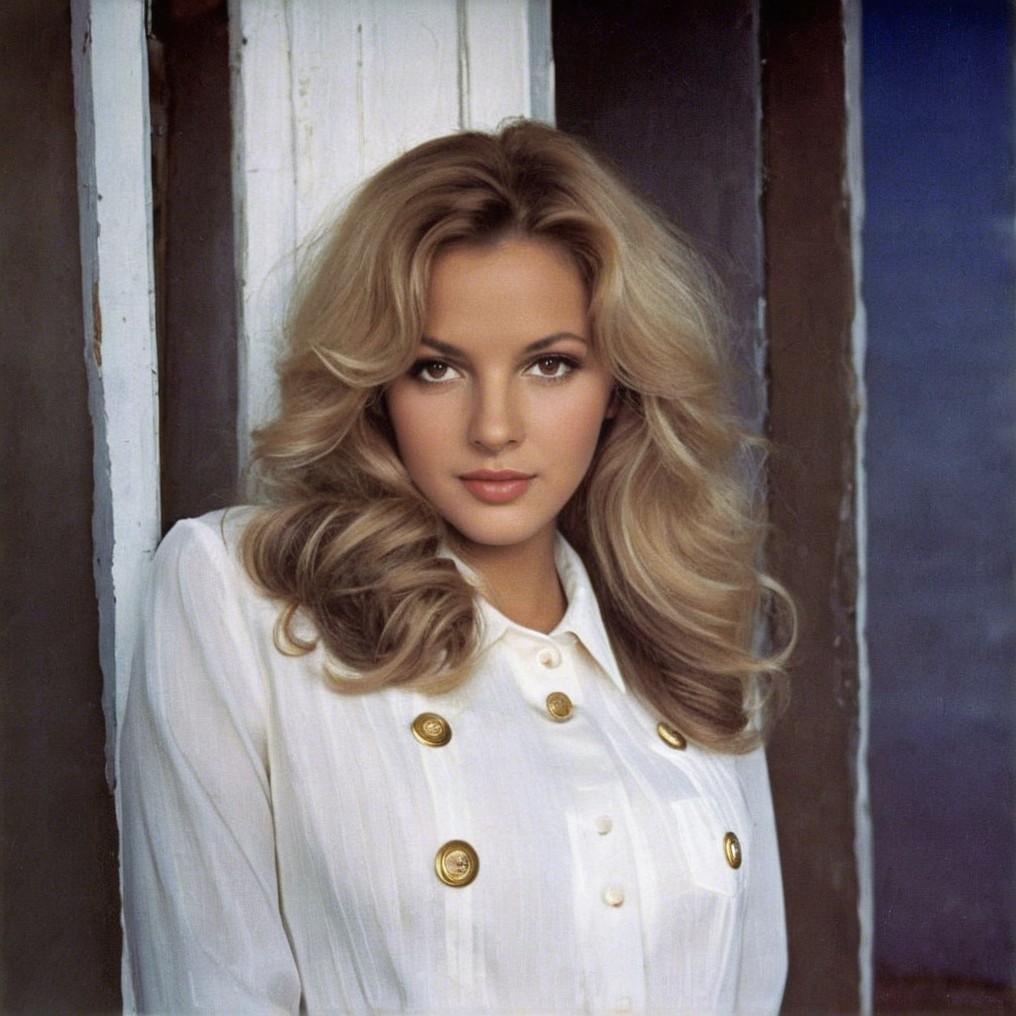 Young woman in white blouse poses against wooden panels