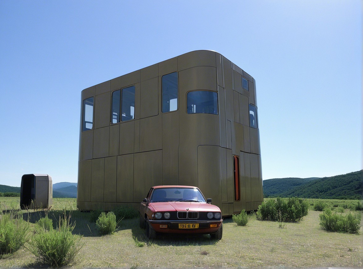 Modern Metallic Structure with Vintage BMW in Field