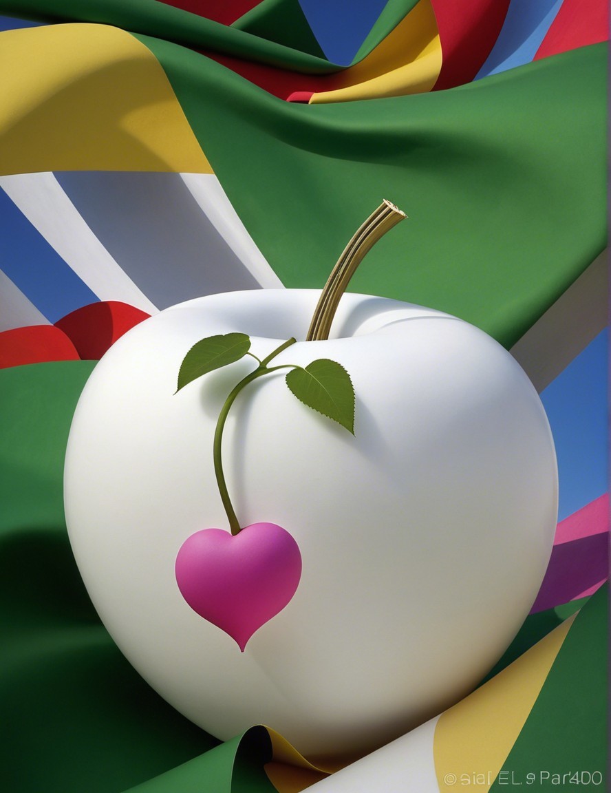 White Apple with Pink Heart and Colorful Flags Background