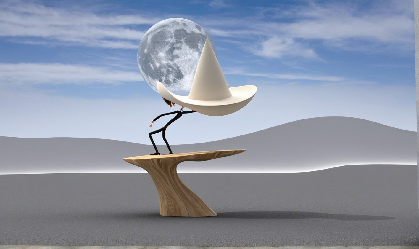 Stick figure man in suit with conical hat on wooden surface