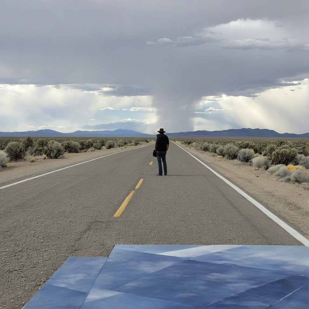 Lone Figure on Secluded Highway in Barren Landscape