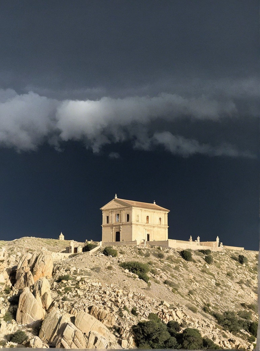 Solitary Structure on Rocky Hill Under Dramatic Sky