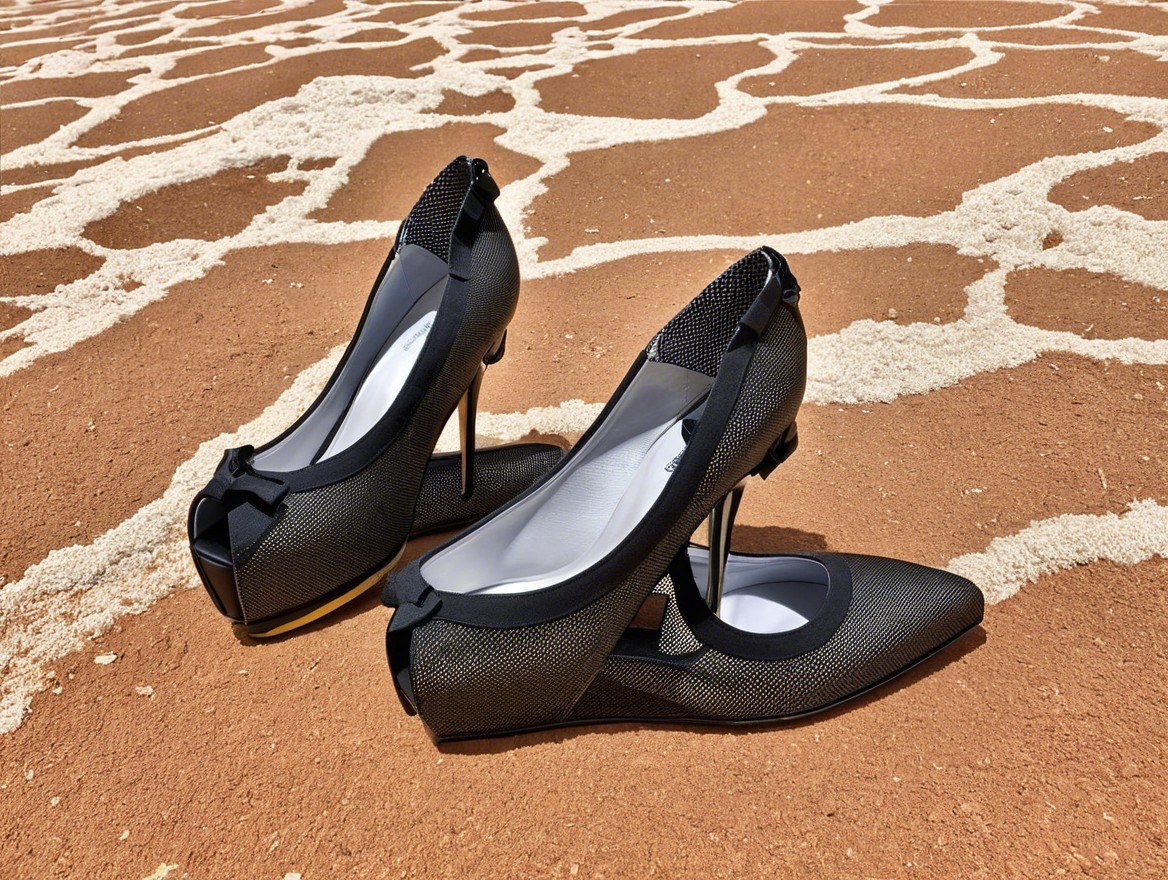 Elegant Black High-Heeled Shoes on Sandy Surface