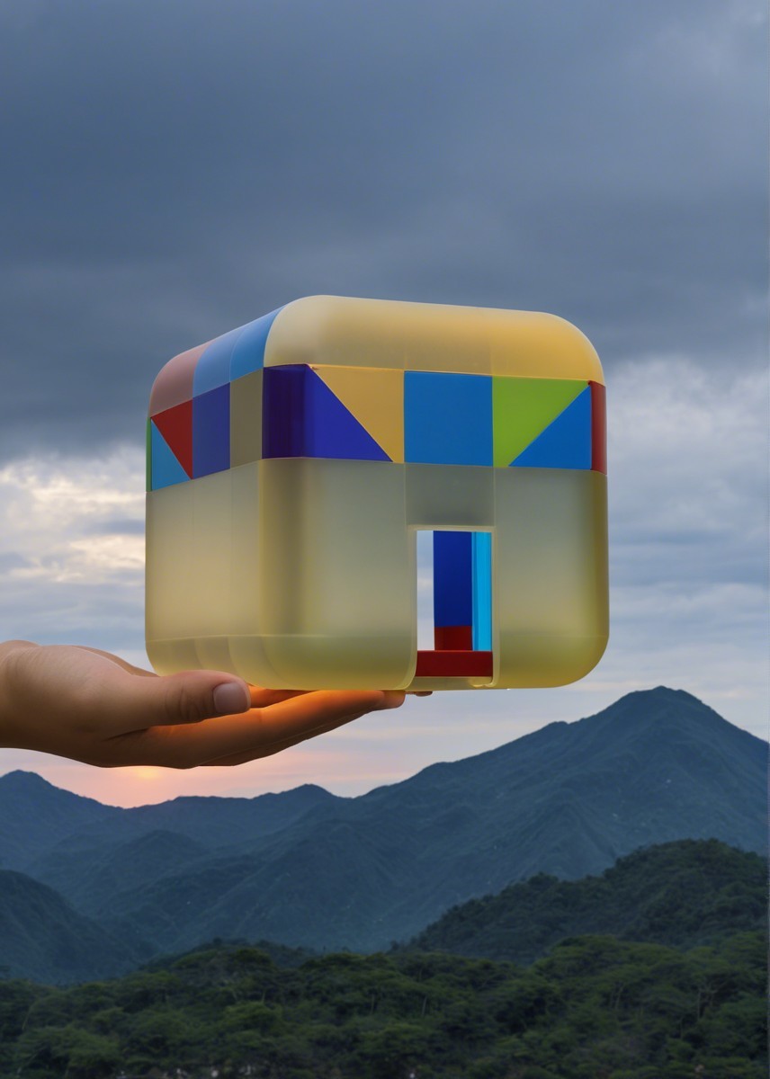 Translucent Geometric Sculpture in Mountain Landscape
