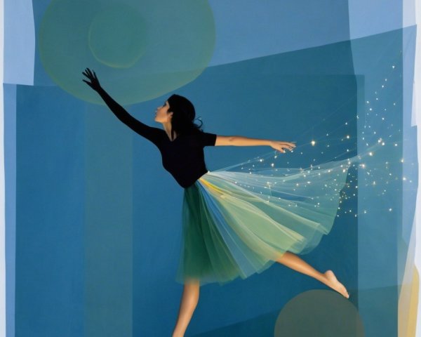 Dancer Mid-Leap with Geometric Blue and Green Background