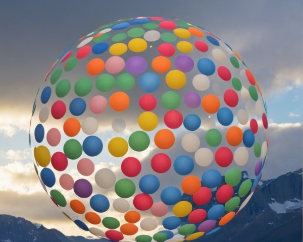 Colorful Sphere Over Serene Landscape with Mountains