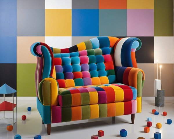 Vibrant Living Room with Colorful Patchwork Sofa