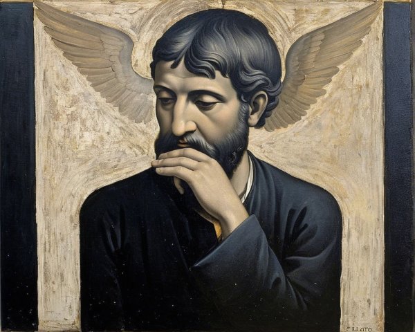 Contemplative figure with angelic wings and muted tones