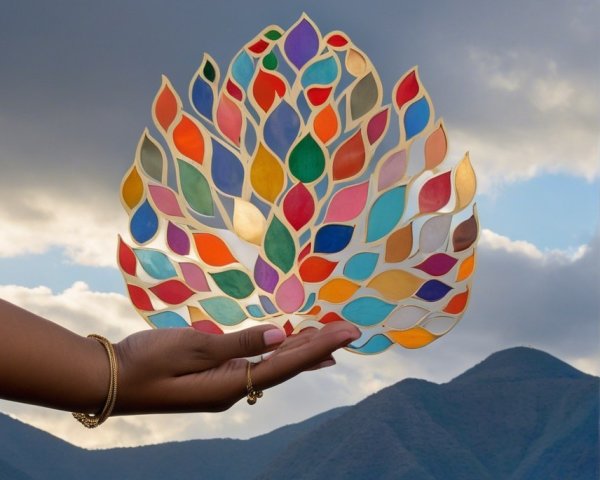 Vibrant Leaf-Shaped Artwork Against Dramatic Sky
