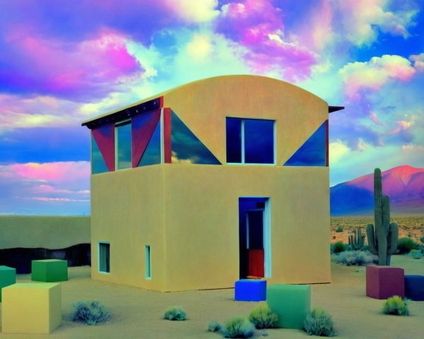 Curved Roof House with Colorful Patterns in Desert Setting