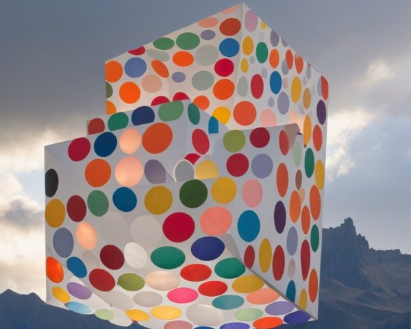 Colorful Cube Structure Over Mountainous Landscape