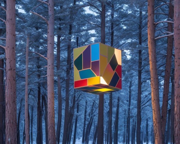 Colorful Geometric Cube in Snowy Forest Setting