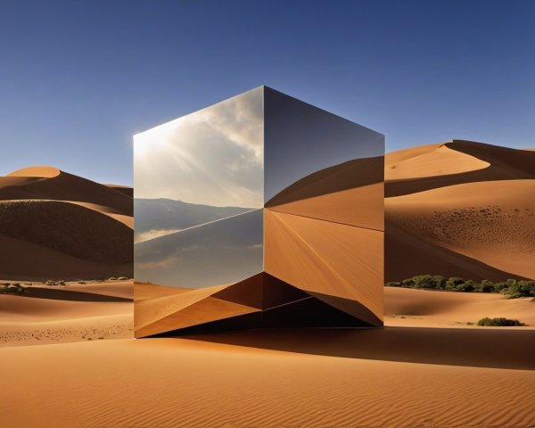 Reflective Metallic Cube in Desert Landscape