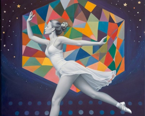 Ballet Dancer in Cosmic Backdrop with Geometric Elements