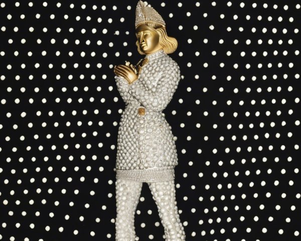 Striking Figure in Pearl-Accented Metallic Outfit