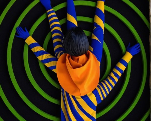 Vibrant Figure in Striped Outfit Against Dynamic Background