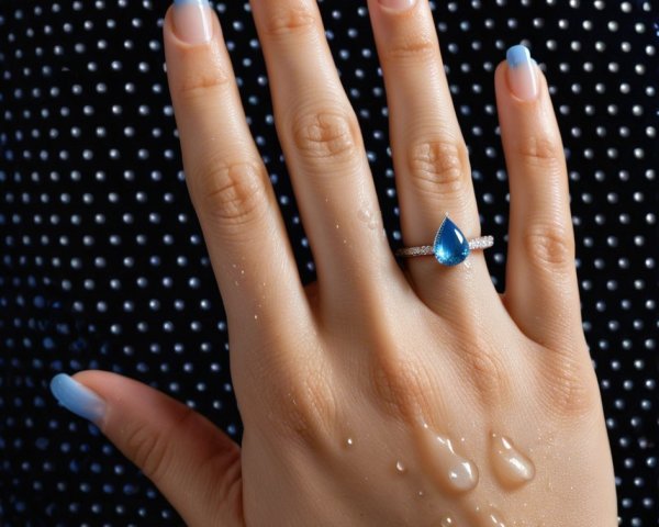 Manicured Hand with Blue-Tipped Nails and Ring