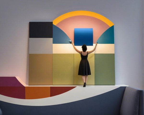Woman Adjusts Blue Panel by Colorful Geometric Wall