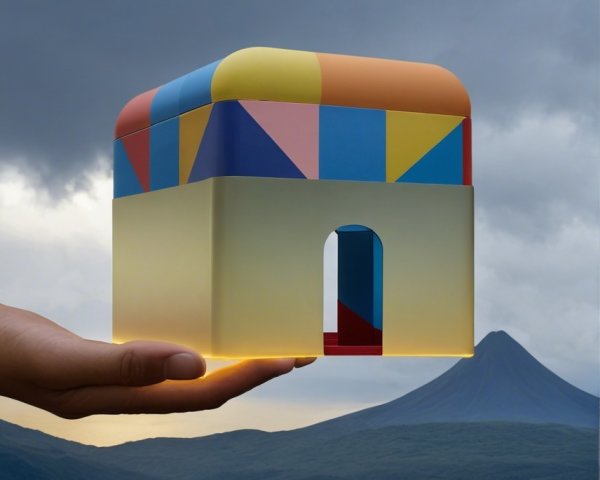 Colorful House Sculpture Against Mountainous Backdrop