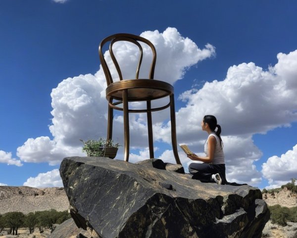 Young Woman in Desert with Oversized Wooden Chair