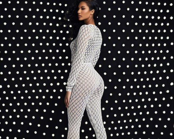 Confident figure in sheer bodysuit against black backdrop