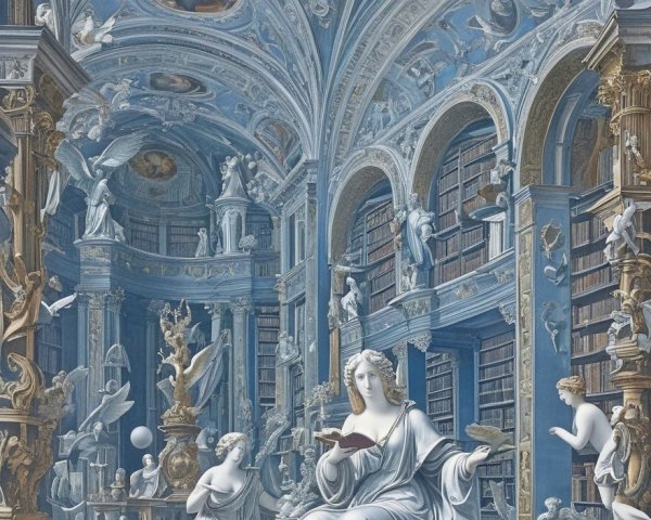 Detailed Library with Bookshelves and Sculptures
