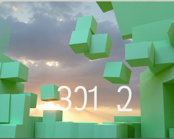 Surreal Landscape with Floating Green Cubes and Clouds