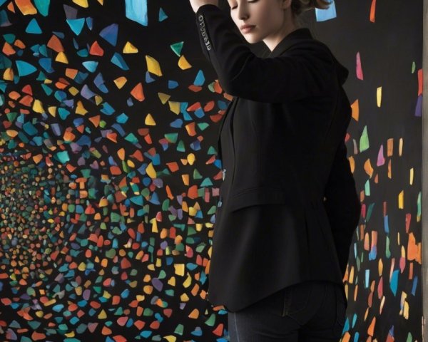 Woman in front of vibrant abstract mural with geometric shapes
