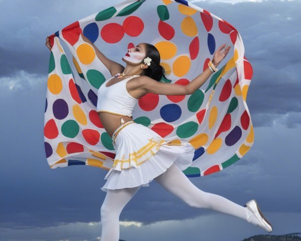 Dancer in White Outfit with Colorful Scarf and Scenic Backdrop