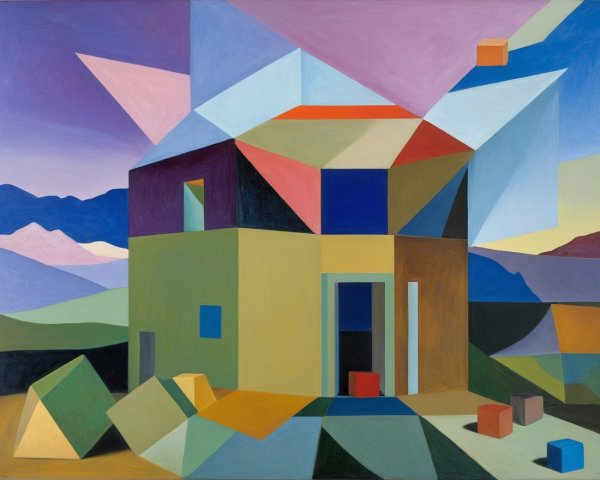 Surreal Geometric House with Bold Colors and Shapes
