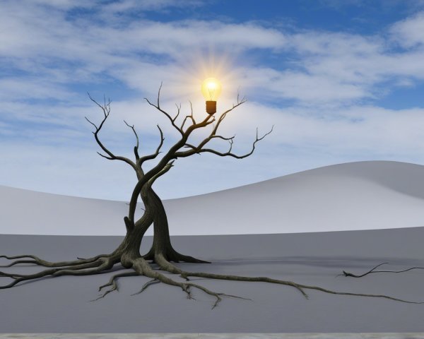 Illuminated Lightbulb in Dead Tree on Gray Plain