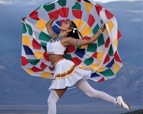 Dancer in Colorful Skirt Against Dramatic Sky