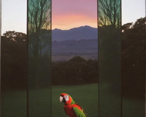 Vibrant Macaw with Scenic Dusk Landscape Background