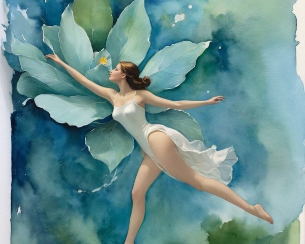 Ballet Dancer in Watercolor with Lush Foliage