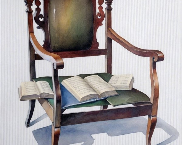 Intricately Designed Wooden Armchair with Vintage Books