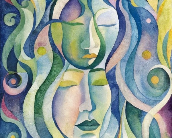 Cubist Watercolor Painting of Abstract Facial Profiles