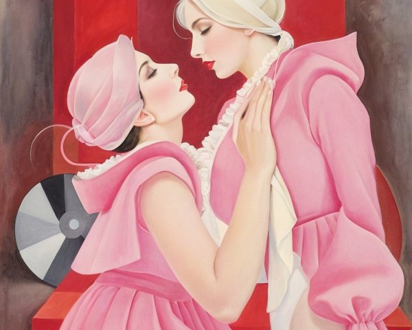Elegant Women in Pink Outfits with Vintage Record Player