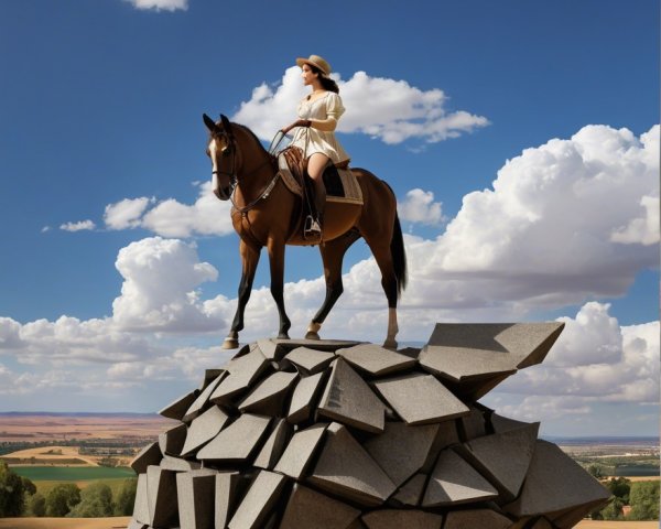 Woman on Horse atop Abstract Stone Sculpture in Field