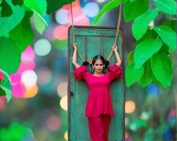 Woman in red outfit swinging from green door in foliage