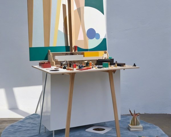 Minimalist Art Studio with Colorful Abstract Painting