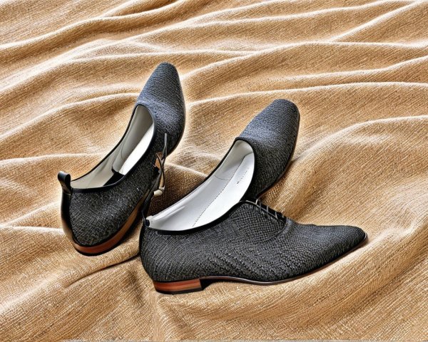 Black Dress Shoes on Textured Golden Fabric