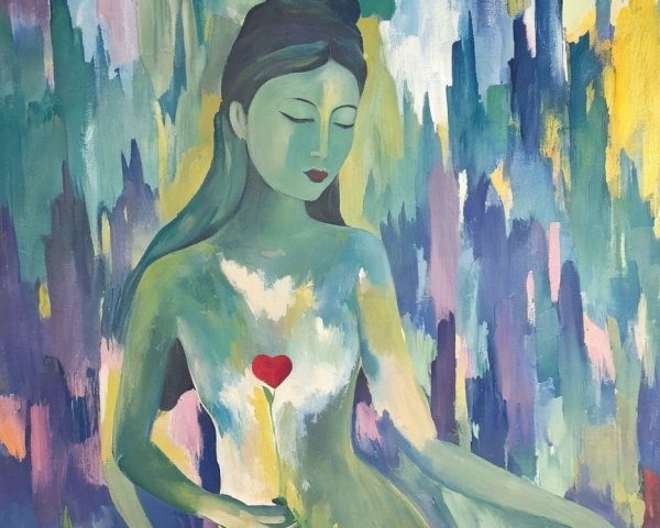 Abstract Figure with Heart-Shaped Flower in Colors