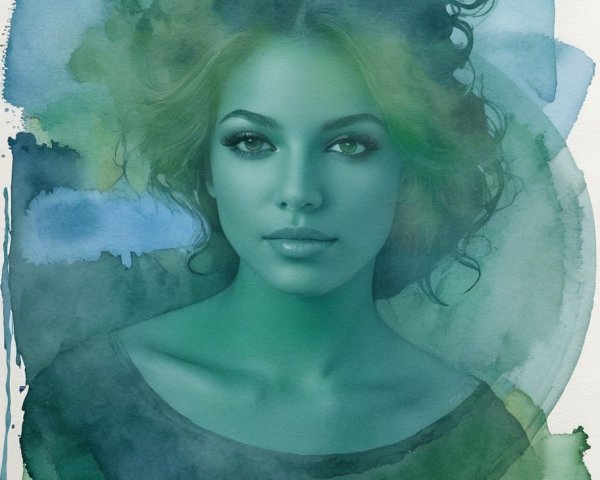 Surreal Watercolor Portrait of a Woman with Curly Hair