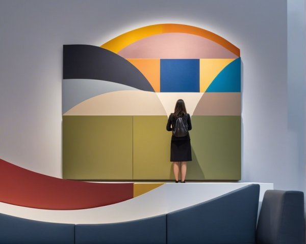 Woman in Black Dress with Colorful Geometric Wall Art